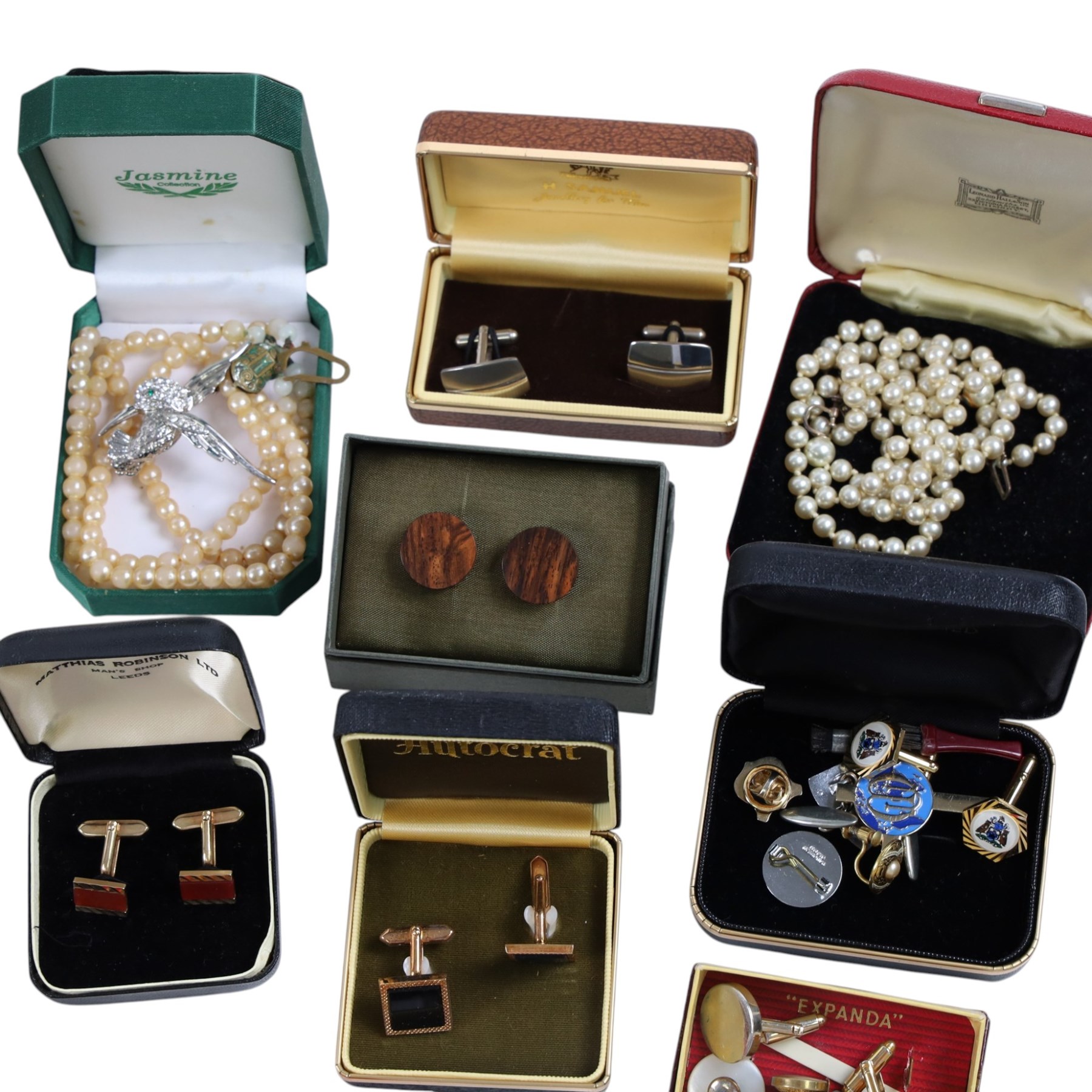 Collection of costume jewellery and wristwatches, including Rotary watches, faux pearl necklaces, etc, together with a Cummels trinket box and other collectables