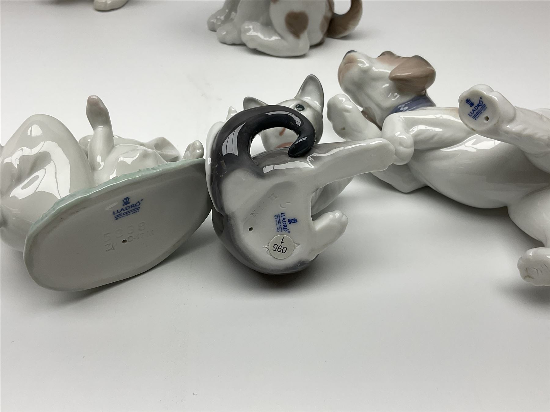 Five Lladro figures, comprising Cat and Mouse no. 5236, That Tickles no. 5888, Gentle Surprise no. 6210, Little Hunter no. 6212 and Resting Polar Bear no. 1208, largest H12cm