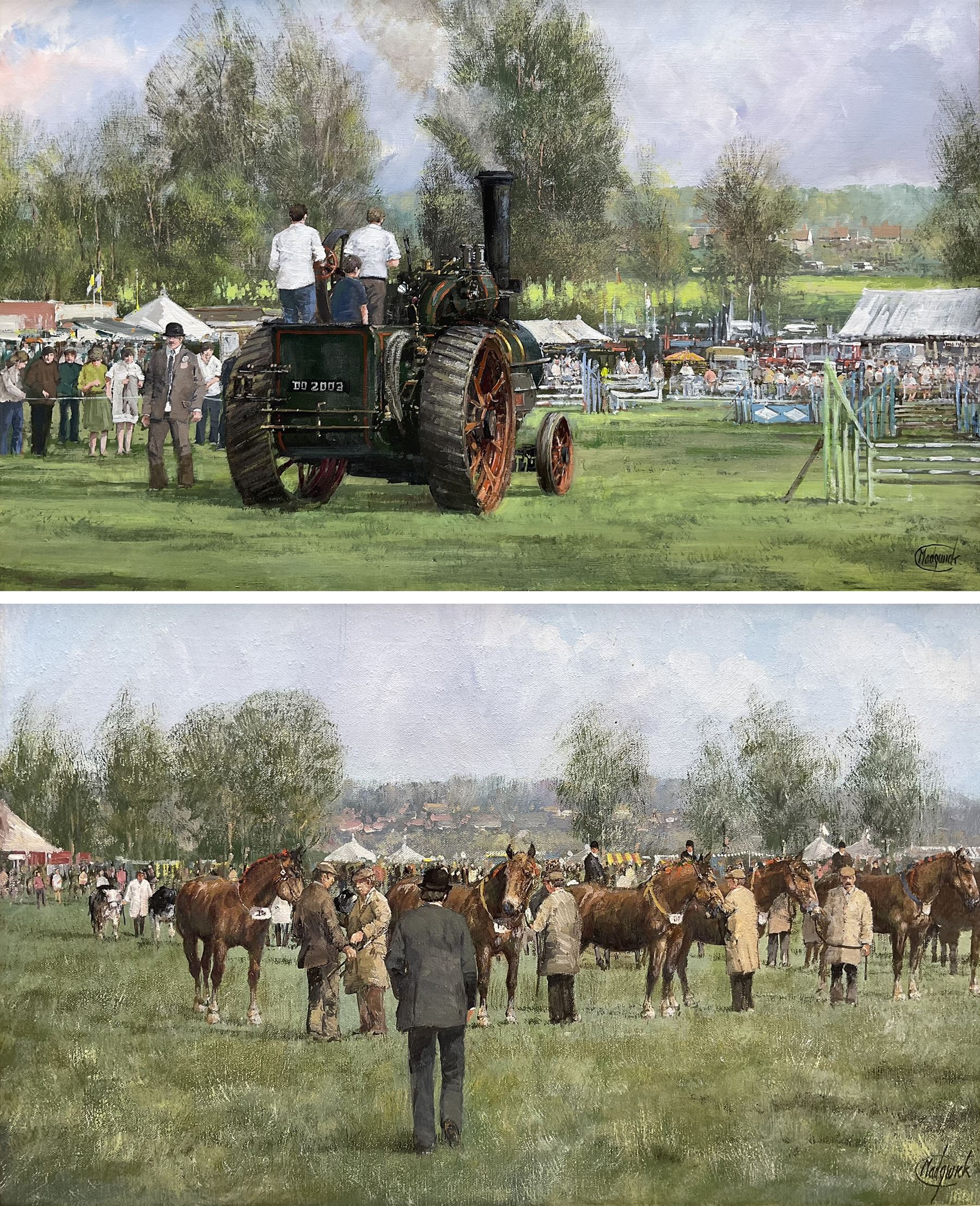 Clive Madgwick (British 1939-2005): Horse and Tractor Show at 'Hadleigh Show', pair oils on canvas signed, titled on artist's studio labels verso 34cm x 55cm (2)