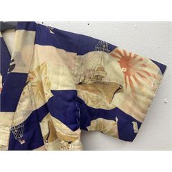 1930s Japanese fully lined kimono decorated with Japanese naval vessels and bi-planes, Japanese, American and British flags and dated 1935; looks to be child's size