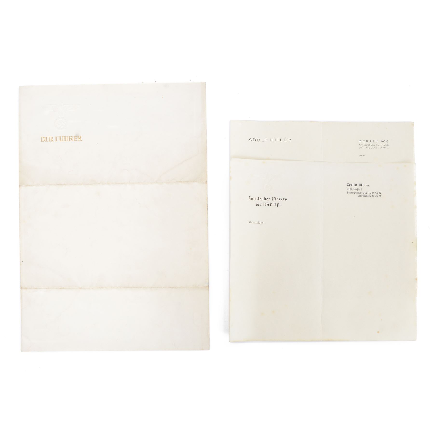 Adolf Hitler personal stationary, comprising three blank pieces of paper of varying sizes, one embossed to the top left Der Fuhrer, another Adolf Hitler, with his address Berlin W8 Kanzlei Des Fuhrers, Der NSDAP AMT 1, the third Kanzlei Des Fuhrers, Der NSDAP.
By vendor repute taken from Hitler’s desk in Berlin at the end of the war, by Harold Webster, one of the first soldiers who got into the war rooms 