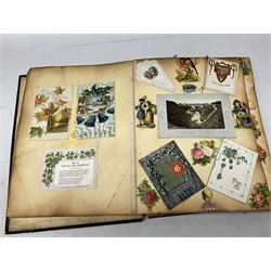 Victorian scrapbook of various fixed decoupage to include, greeting cards, portraiture, flowers, animals etc,