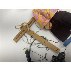 Pelham Puppet - three puppets comprising a painted wooden duck with felt mouth and wings with metal joints H12cm, in original box and instructions; and two further examples Type A cat with a hollow body H12cm, and a boy H23cm (3) 