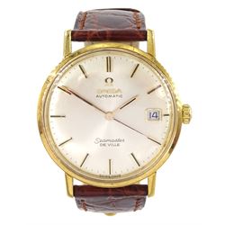 Omega Seamaster De Ville gentleman's 18ct gold automatic wristwatch, Ref. 166020 SC, Cal. 565, silvered dial with baton hour markers and date aperture, stamped 18K, with Helvetia hallmark, on an Omega brown leather strap with Omega gilt buckle