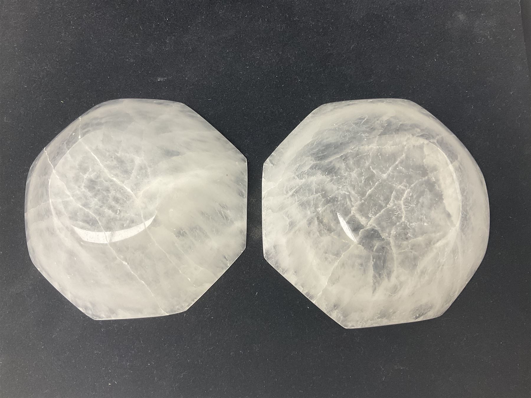 Pair of hexagonal shaped selenite crystal bowls, D10cm