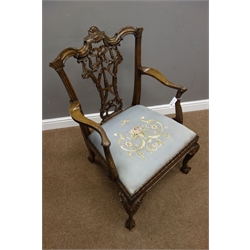  Fine 20th century Chippendale style armchair, shaped cresting rail above pierced ribbon tied carved splat, acanthus leaf carved arm terminals and supports, upholstered drop in seat with floral and scroll needlework cover, acanthus carved cabriole supports with ball and claw feet  