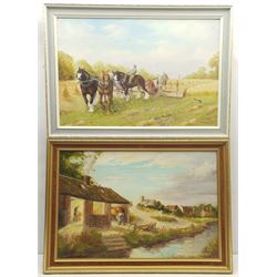 A E Duffill (British 20th century): 'The Old Forge at Twilight' and 'The Reaper', pair oils on board signed, labelled verso 39cm x 60cm (2)