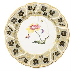 Set of fourteen mid 19th century Derby dessert plates, each painted with a named botanical subject and butterflies within a leaf pattern and gilt border