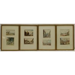 C Jones (British mid 20th century): Land and Townscape Views, set eight miniature watercolours framed as four, max 10cm x 9cm (4)