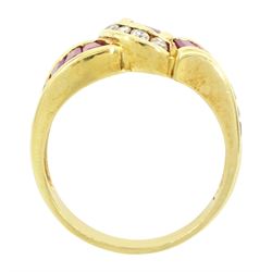18ct gold ruby and diamond crossover ring, channel set with fifteen calibre cut rubies and seven graduated brilliant cut diamonds