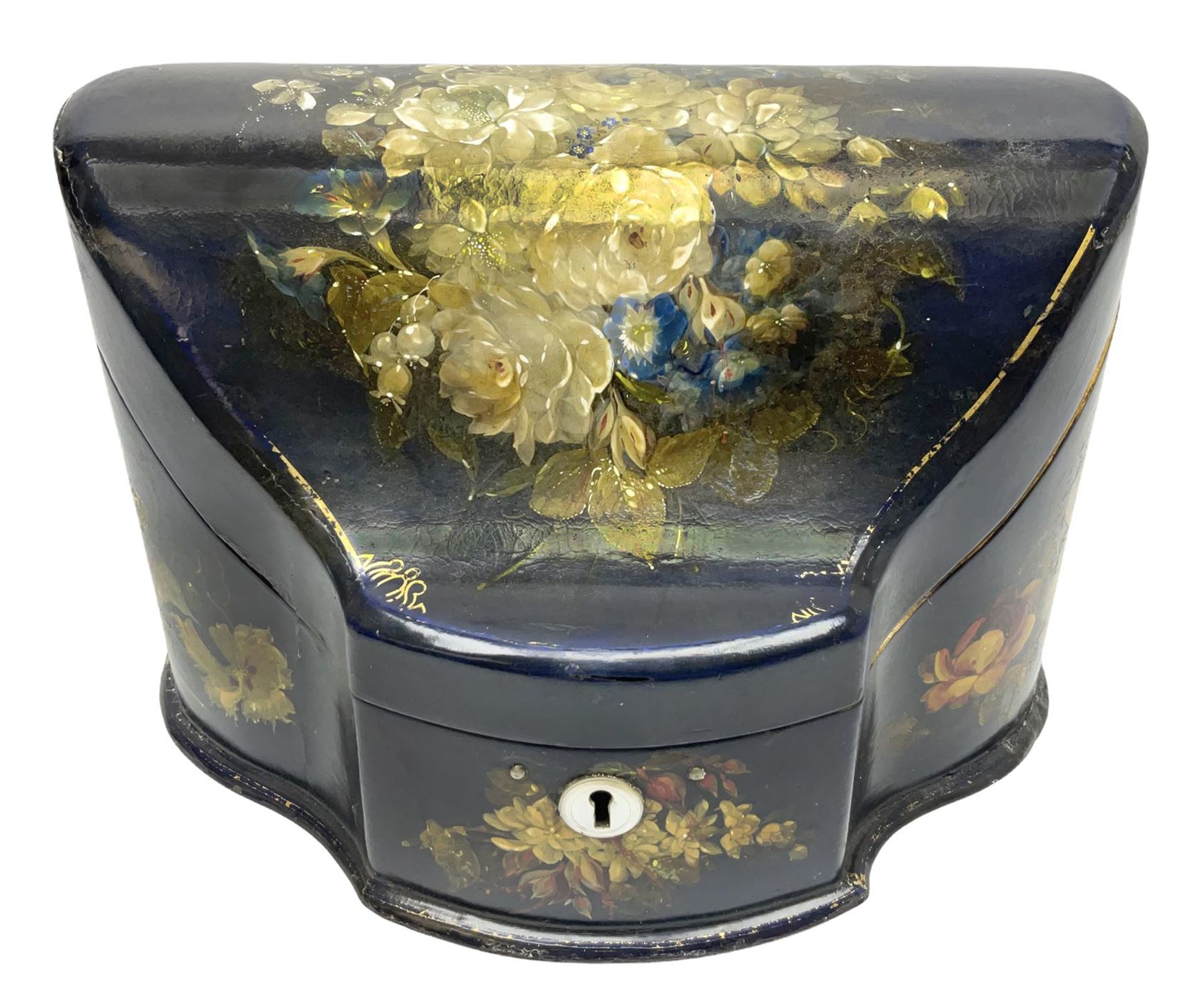 Victorian papier-mâché stationary box, of rounded wedge form with mother of pearl escutcheon, the hinged and curved cover and sides hand painted with floral sprays, opening to reveal a lined and fitted interior, H15cm L22cm D16cm