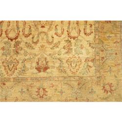 Ziegler design hand-knotted wool rug, the central field with symmetrical scrolling floral motifs in muted tones of beige, sage green, and terracotta, within a conforming border, all on a soft ivory ground