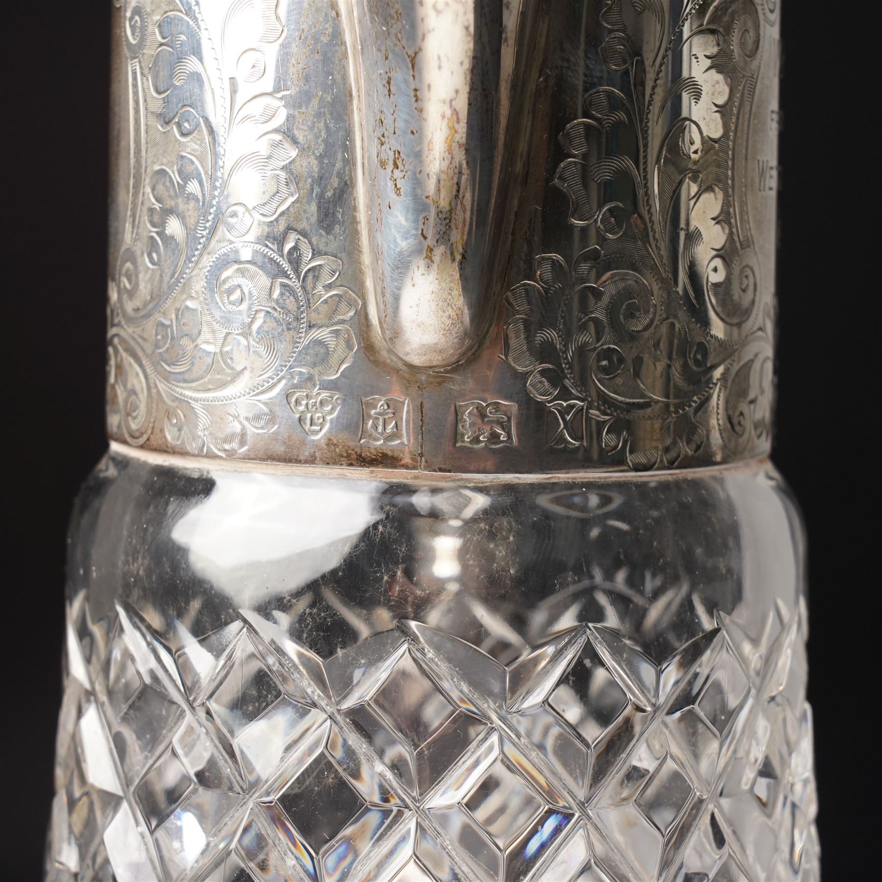 Glass claret jug with engraved silver mounts Birmingham 1972 Maker Garrard & Co. Ltd