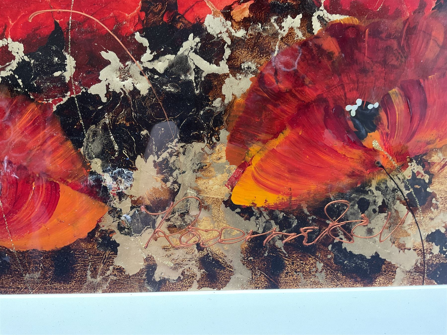 Rozanne Bell (Zimbabwean 1962-): Field of Poppies, mixed media with acrylic and resin on board signed 37cm x 100cm 