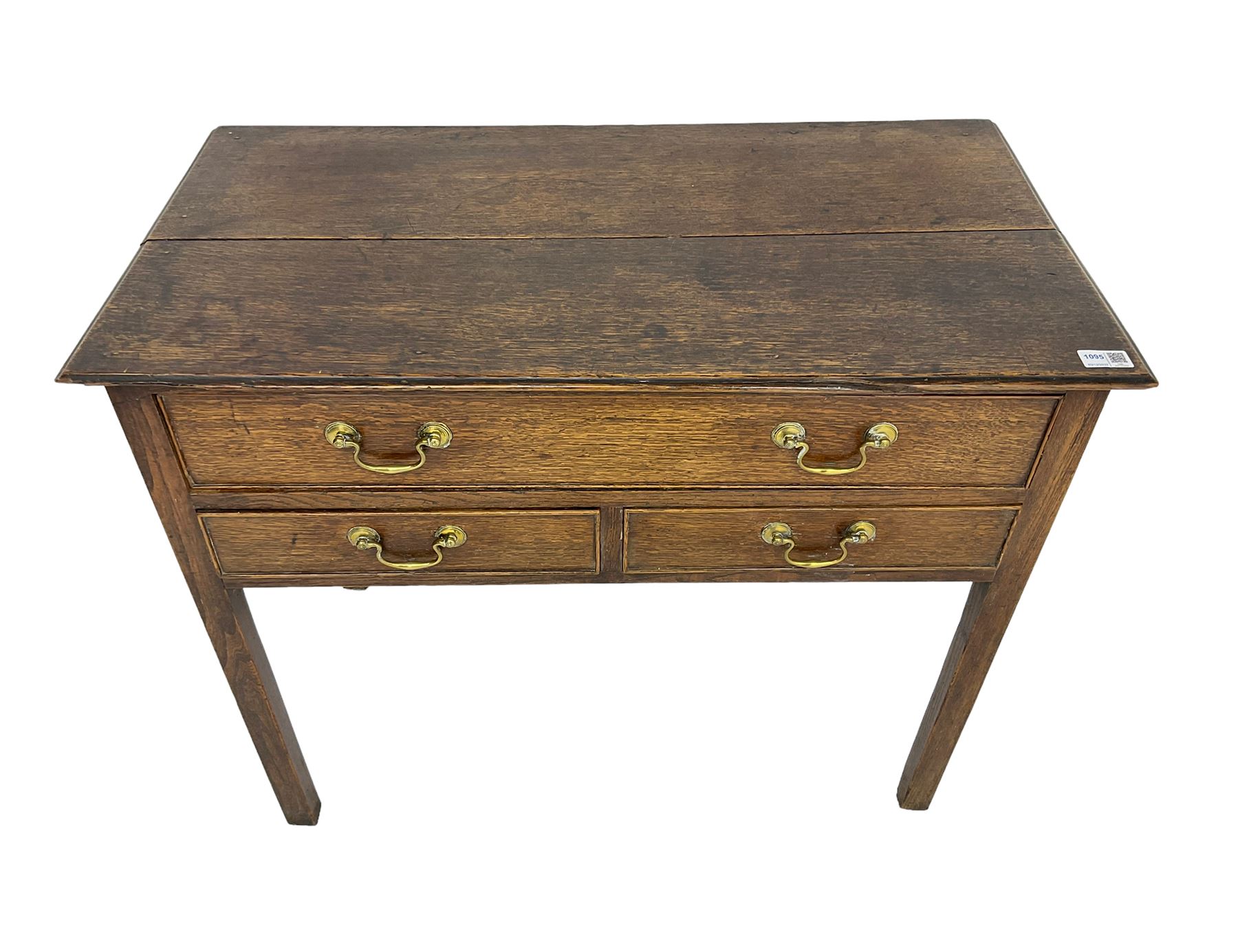 Georgian oak lowboy, rectangular moulded top over three drawers, on square supports