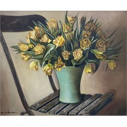 D Valentini (Continental 20th century): Still Life of Yellow Tulips on a Chair, oil on canvas signed 50cm x 60cm