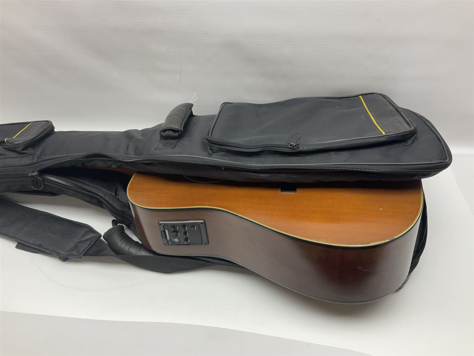 Tanglewood semi-acoustic guitar with Fishman preamp, mahogany back and solid cedar top L103cm; and a Rockbag electric guitar soft carrying case (2)