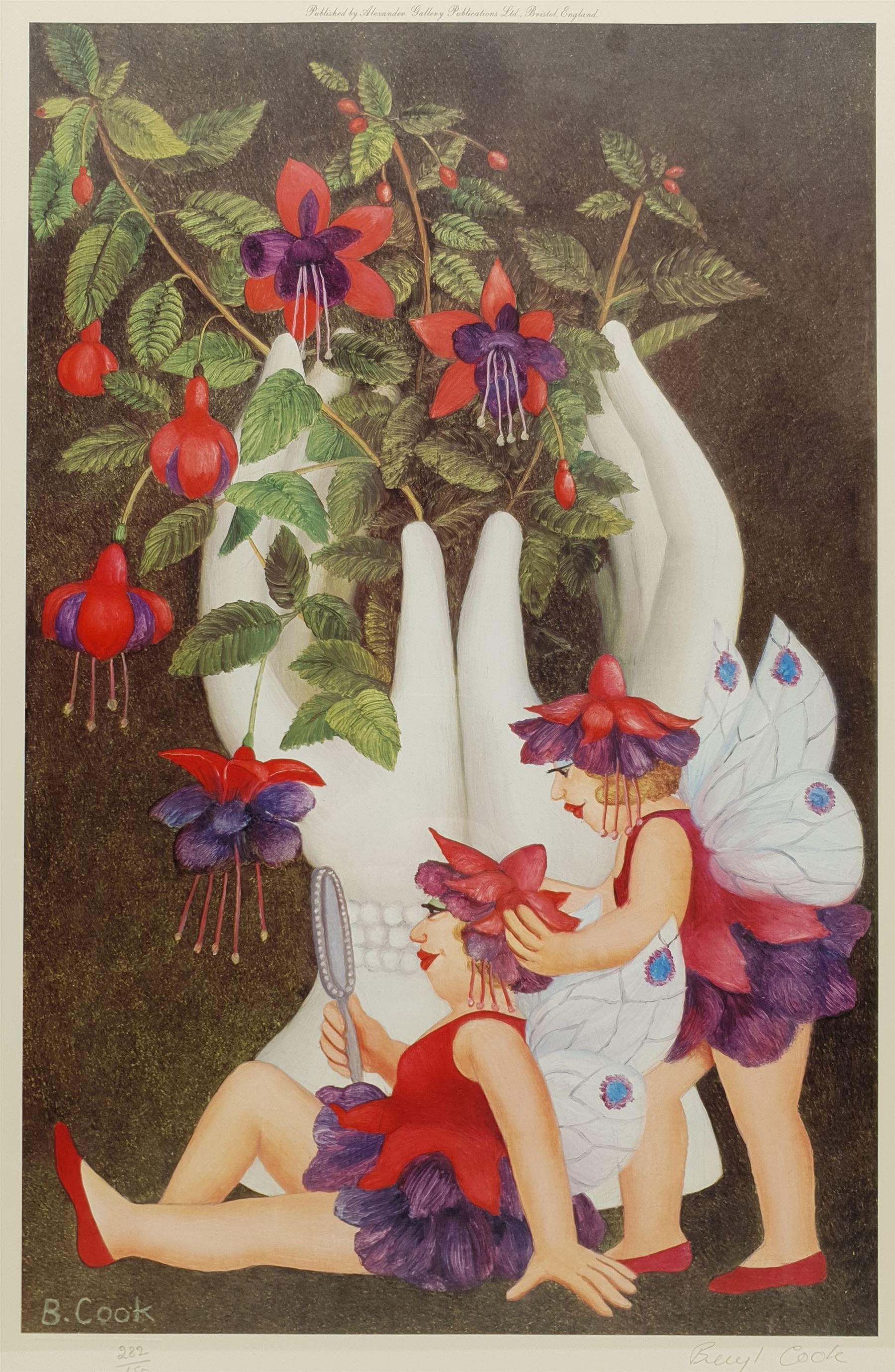 Beryl Cook OBE (British 1926-2008): 'Fuchsia Fairies', limited edition colour lithograph signed and numbered 282/650 in pencil pub. Alexander Gallery Publications Bristol 44cm x 28cm