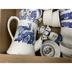 Large collection of blue and white ceramics, to include Spode Italian pattern with blue mark, Wood and Sons Yuan, pickle dish, Delft style etc, dinner plates, tea wares, bowls etc in six boxes