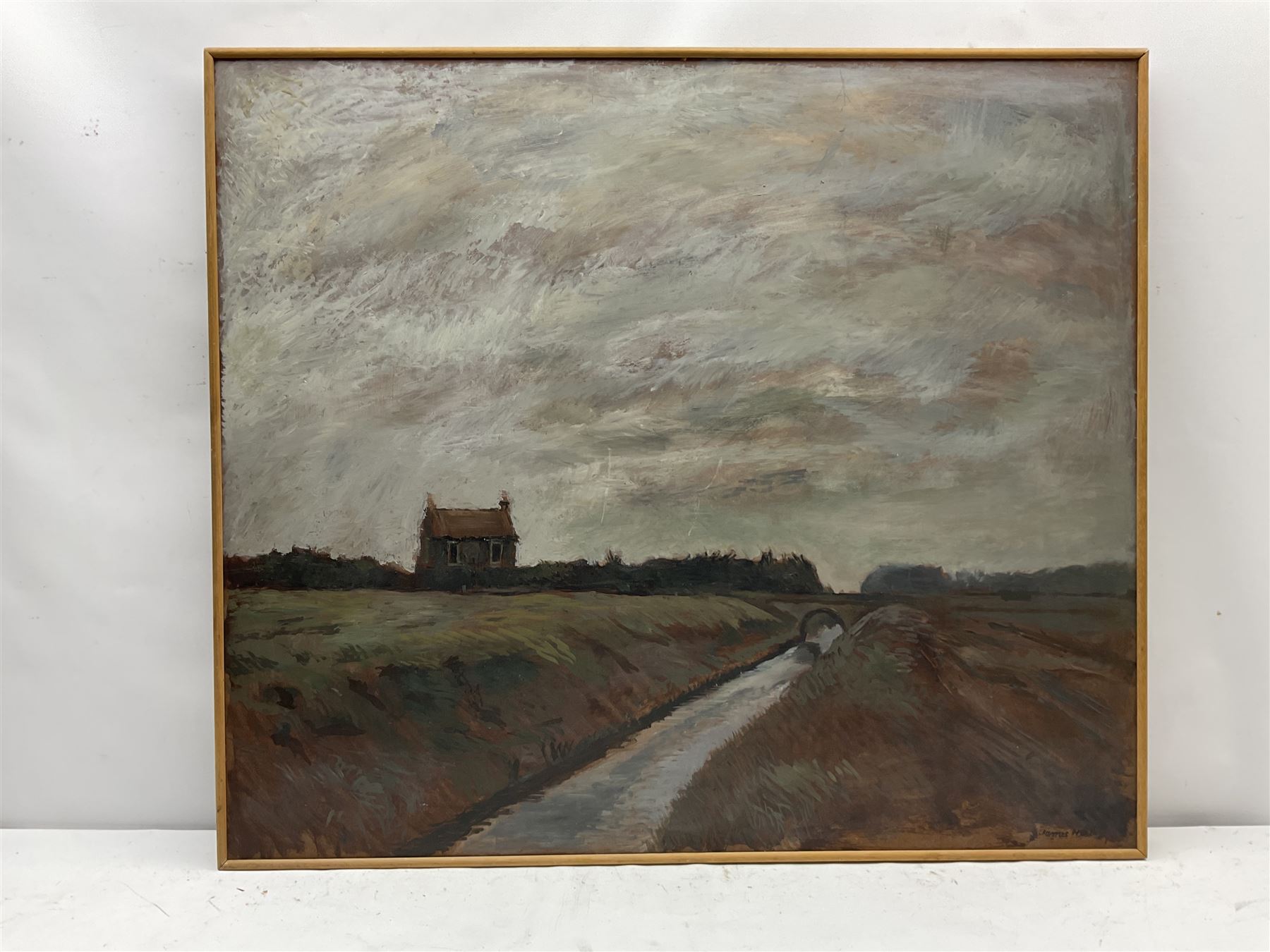 James Neal (Northern British 1918-2011): 'The Holderness Drain', oil on board signed, artist's address labels and title verso 71cm x 74cm
Provenance: East Yorkshire private collection purchased from the artist. Neal was accepted at St Martin's School of Art in 1932, aged 14. In 1958 he moved to Hull as Lecturer in Painting and Drawing at Hull Regional College of Art, then becoming Senior Lecturer in the History of Art. Over the next fifty years he became well known for painting scenes around the Hull area. Ferens Art Gallery, has twice mounted major retrospective exhibitions of James Neal's work