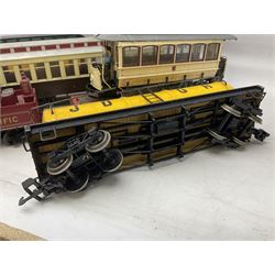 Six Bachmann G scale, gauge 1 rolling stock wagons and carriages, including tram coach, log carrier and tanker, etc, all unboxed 