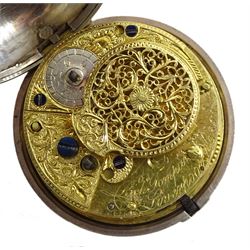 George III silver pair cased verge fusee pocket watch by Richard Tompion, Liverpool, No. 3801, round baluster pillars, pierced and engraved balance cock decorated with a heart, white enamel dial with Arabic numerals and outer quarter markers, beetle and poker hands, bull's eye glass, case by Henry Harding, Birmingham 1792