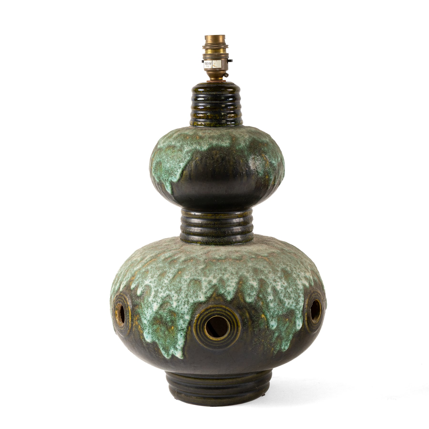 West German Pottery - two mid 20th century ceramic lamp bases, brown glaze with petal style decoration and pierced detail, together with another similar with volcanic glaze, largest H52cm