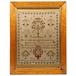 Victorian sampler, by Margaret David 1863, 'Blest with the joys of innocence, Adam our Father stood, Till Eve our Mother learned to sin, By eating the forbidden fruit', depicting Adam and Eve beneath a tree, in Birds Eye maple veneered frame, overall 90cm x 69cm 