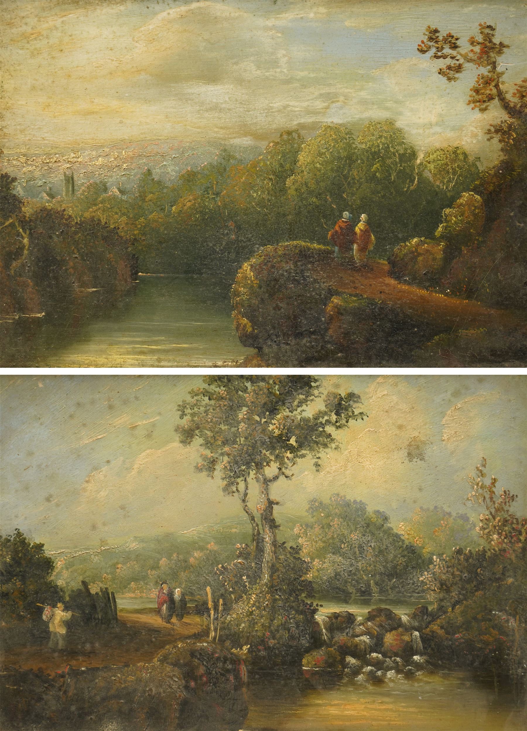 Circle of Benjamin Barker of Bath (British 1776-1838): Figures in a River Landscape with Bath Beyond, pair early 19th century oils on panel unsigned 22cm x 32cm (2)