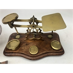 Set of 19th/ early 20th century brass postal scales and matching weights on a shaped mahogany base stamped 'Warranted Accurate'  L25cm, EPNS toast rack, pierced EPNS comport, horse brass and two brass terrets    