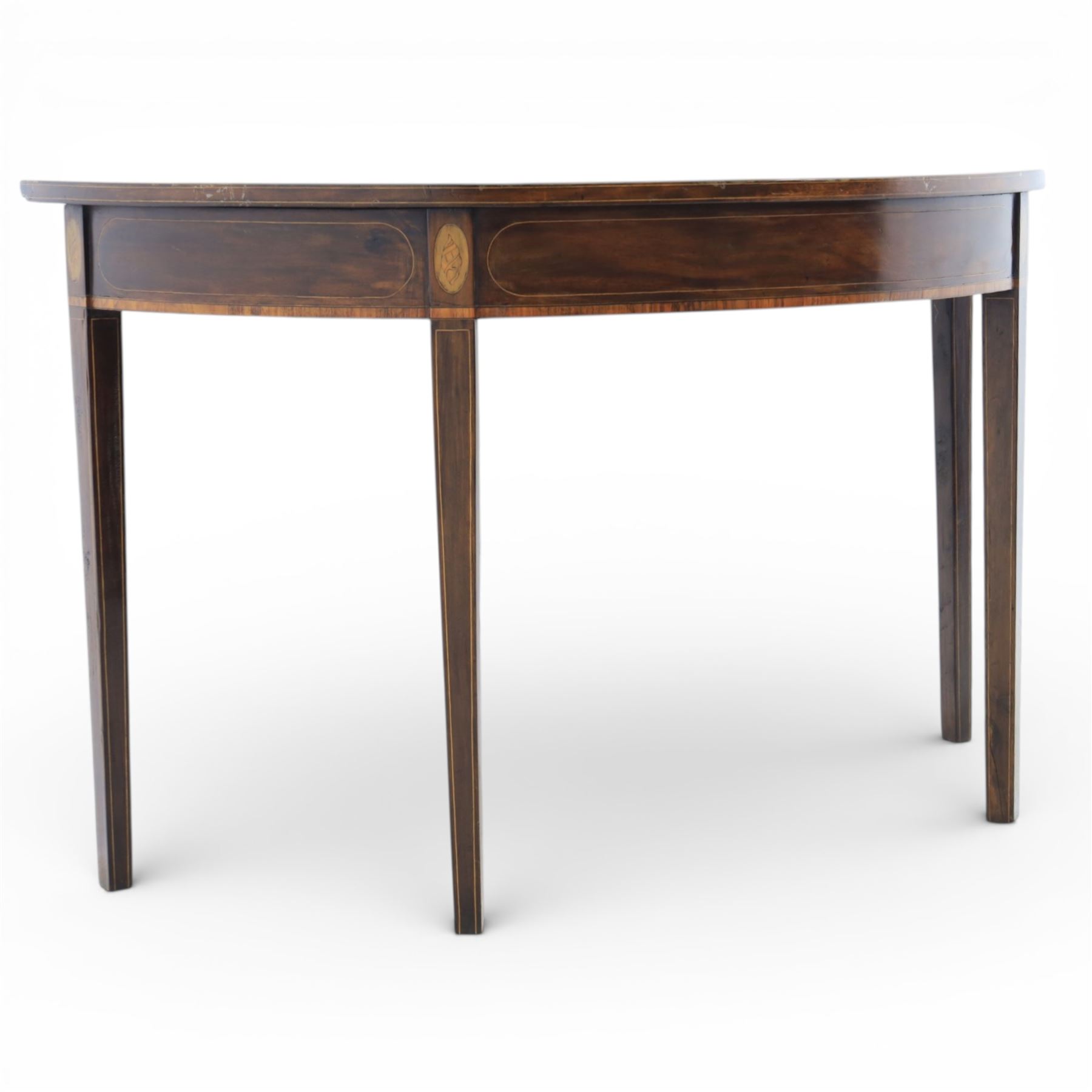 Georgian inlaid mahogany demi lune console table, with inlaid frieze and shell motifs, on square tapering supports 