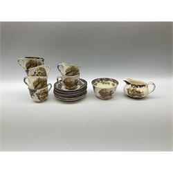 Royal Worcester Palissy Game Series pattern dinner wares, comprising seven dinner plates, six side plates, twelve bowls, sauce boat and stand, six tea cups, eight saucers, further larger saucer, milk jug, and open sucrier. 