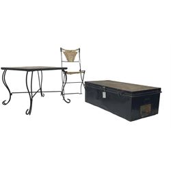 Griffiths McAlister ltd. metal travelling trunk (W90cm, H31cm, D47cm); wrought metal occasional table with slate tile top (62cm x 62cm, H52cm); and a wrought iron chair with string seat and back
