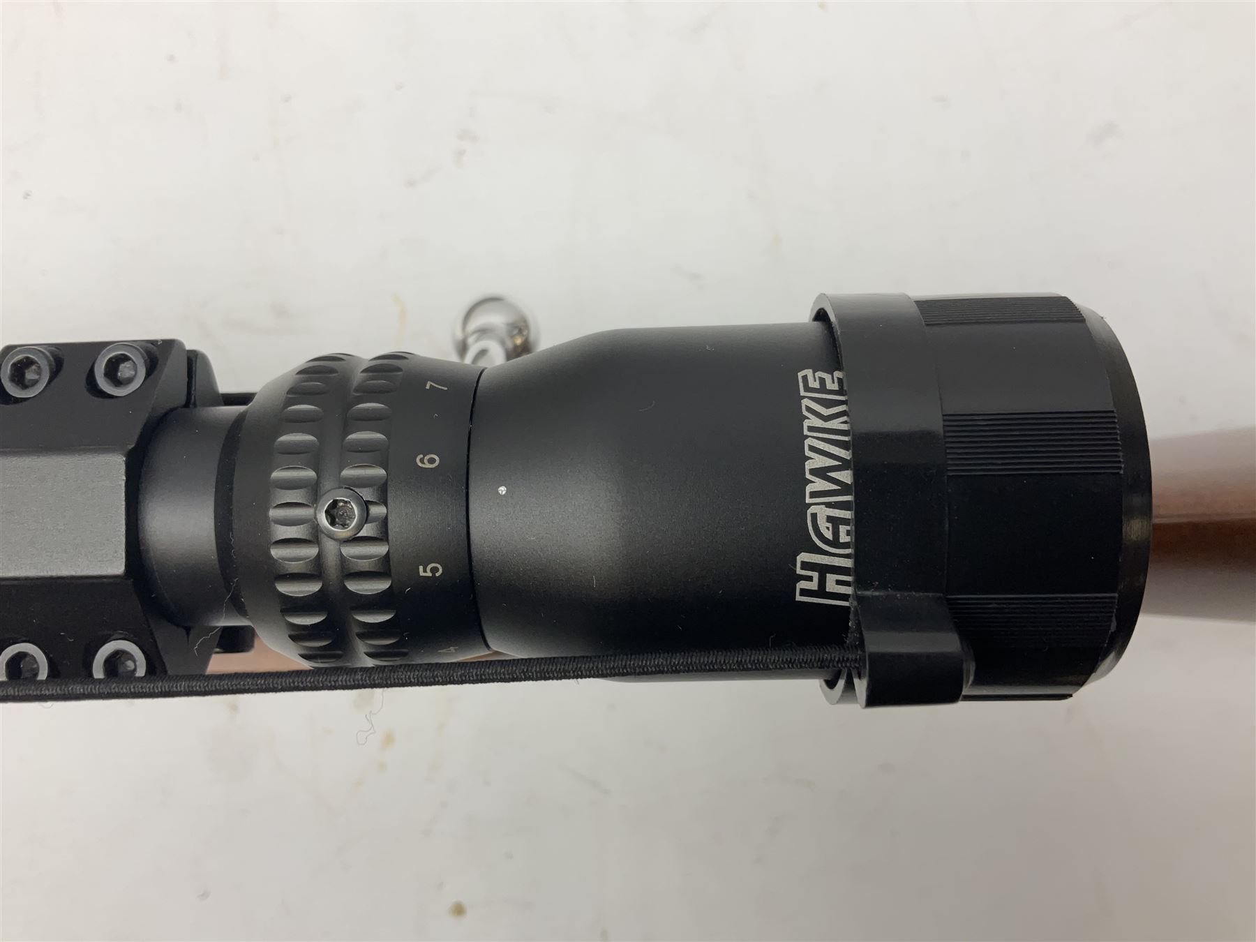 Air Arms Model S410F Classic .177 multi-shot compressed air rifle with bolt action, underside pressure gauge, chequered pistol grip, moderator and Hawke Sport HD 3-9x50 scope L112cm; in Anglo Arms camouflage sleeve with spares, tool kit, magazine and instruction manual