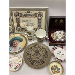 Commemorative ware to include Sampson Bridgwood Queen Victoria 1897 Jubilee teapot for Harrods, Poole limited edition Charles and Diana plaque, Regent China Edward VII moustache cup and saucer, pair of Aynsley Prince William birth mini loving cups, Pair Robert Burns Ridgways vases c1910 and other commemorative ceramics in one box