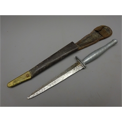 Two 3rd Pattern Commando Knives, 17.5cm twin edged blade, alloy cross guard and ribbed grip, L29.cm, another 14cm blade with alloy grip L26cm and a 2nd Pattern Variant, L28cm, all in leather scabbards (3)  