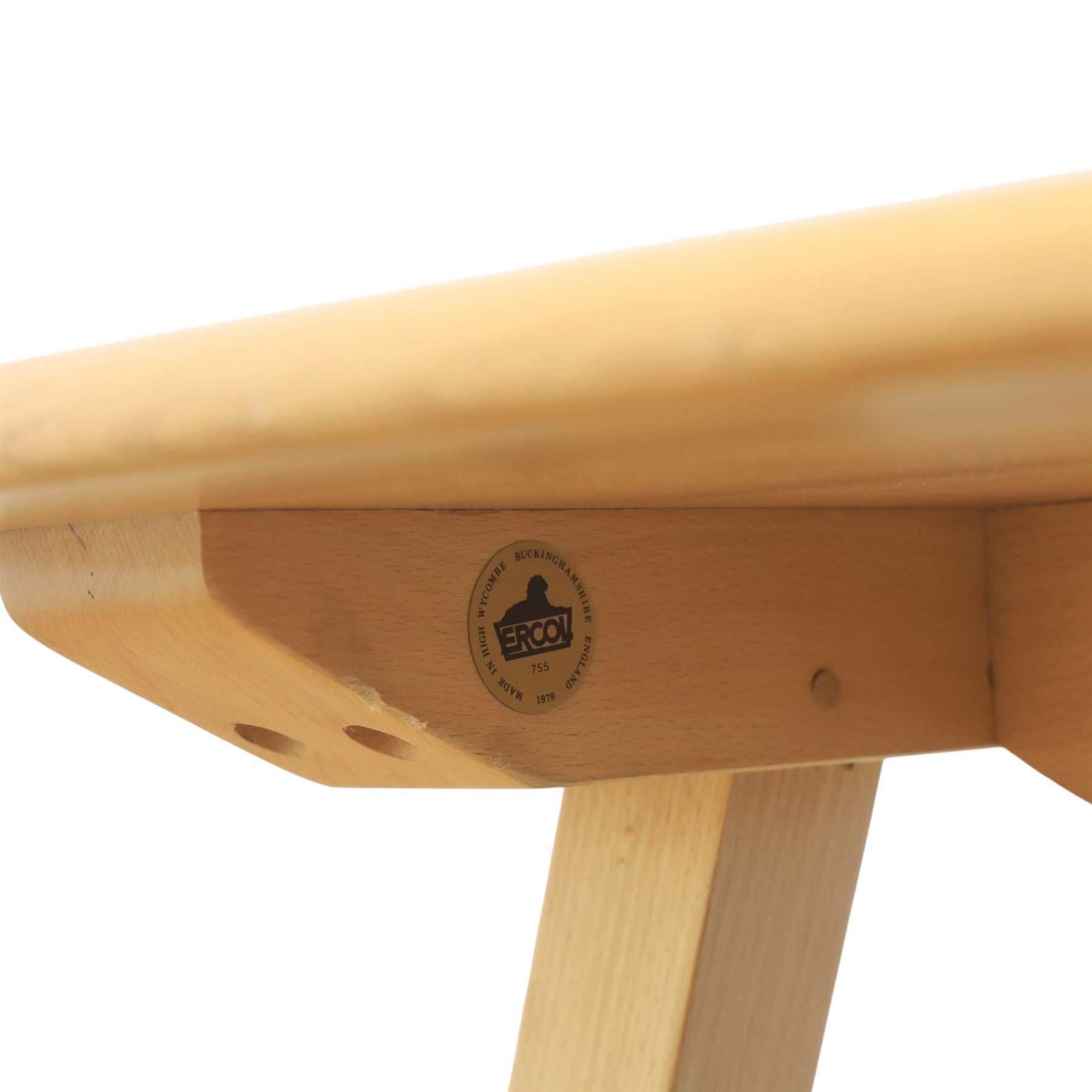 Ercol - elm dining table, rectangular plank top with rounded corners and moulded edge, raised on four tapering beech supports