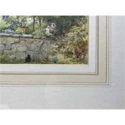 EM Glennie (British Early 20th Century): 'Child and Woman Outside a Cottage', watercolour signed and dated 1908, titled in a later hand upon label verso 18cm x 26cm