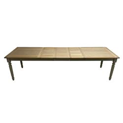 Neptune - 'Suffolk' 8-12 seat extending dining table, rectangular oak with breadboarded ends, on light grey finish base with turned supports, three additional leaves