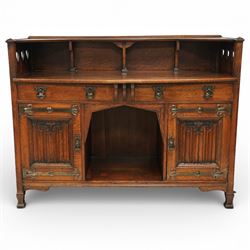 Shapland and Petter - Arts and crafts oak sideboard, rectangular overhanging top with rais...