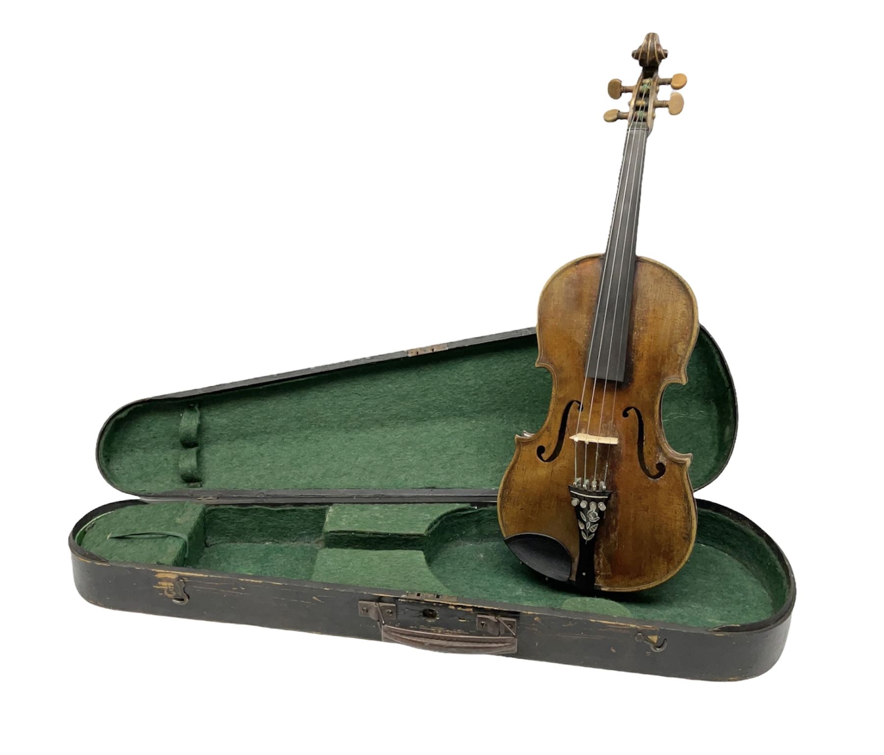Late 19th century German violin with 36cm two-piece maple back and ribs and spruce top; bears label for 'Thomas Jacklin Violin Maker & Repairer Hull 1879'; 60cm overall; in ebonised wooden coffin case.