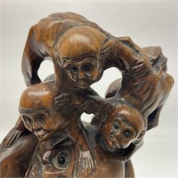Chinese root carving, modelled as a large monkey family, with inset eyes, H25cm