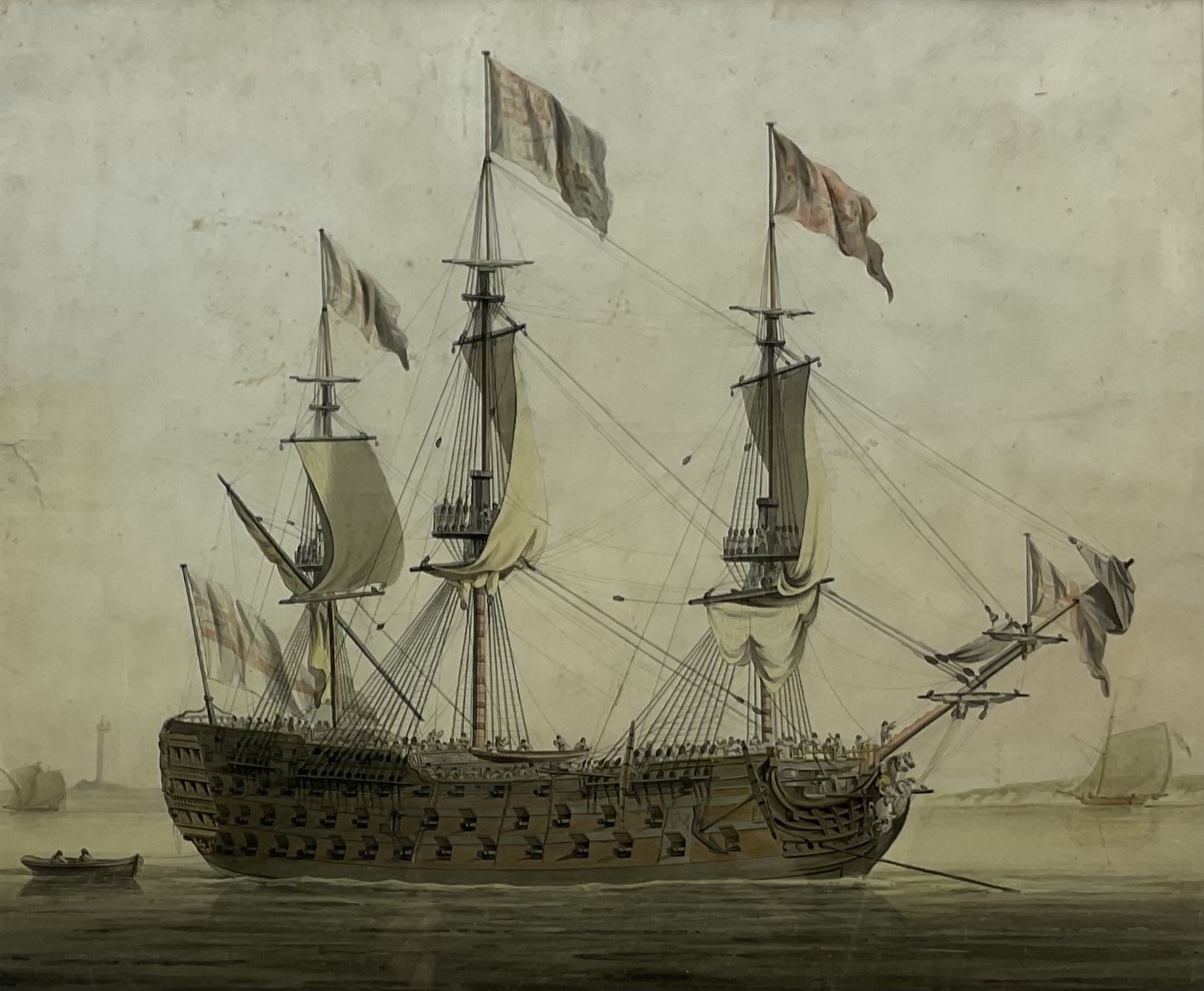 Attrib. Robert Pollard (British 1755-1838): British Man of War at Anchor, watercolour unsigned c1800, 39cm x 48cm
Provenance: Turnerdale Hall, Ruswarp, Whitby contents sale c1935 (at that time probably still in Harrowing ship owning family), purchased by the Smales Family of Sleights, Whitby remaining in the same family ownership