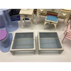 Sindy - furniture and accessories comprising dining suite with separate dresser; two beds; Garden Set; Music Centre; all  boxed; three-piece bedroom suite; settee; Hostess Trolley; two coffee tables; and four-piece bathroom suite including shower cubicle