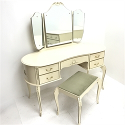French style cream and gilt kidney shaped dressing table, raised three piece mirror back, five drawers, cabriole legs (W133cm, H145cm, D52cm) with stool and a matching chest, five drawers (W79cm, H85cm, D49cm)