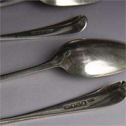 Set of six George III silver Old English pattern serving spoons, each engraved with monogram, hallmarked 	Richard Crossley, London 1786