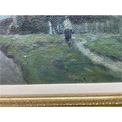 Manner of Thomas Miles Richardson Snr. (British 1784-1848): Lakeside Ruin, watercolour unsigned; English School (Early 20th century): Wooded Landscape and Village Cottages, two oils on canvas, one indistinctly signed max 30cm x 48cm (3)