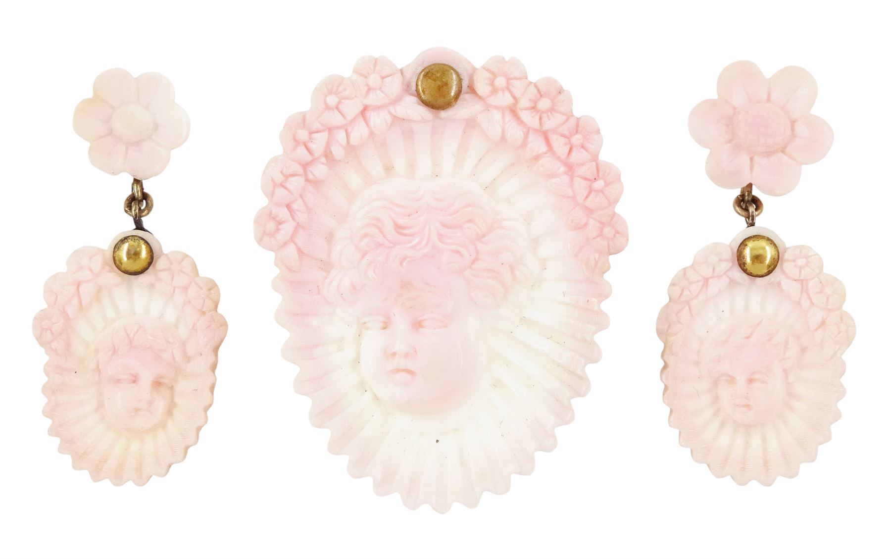 19th century gold conch shell pendant / brooch and matching earrings, each with carved bust shell of a cherub / child and flower head decoration, the earrings suspending a further flower head stud