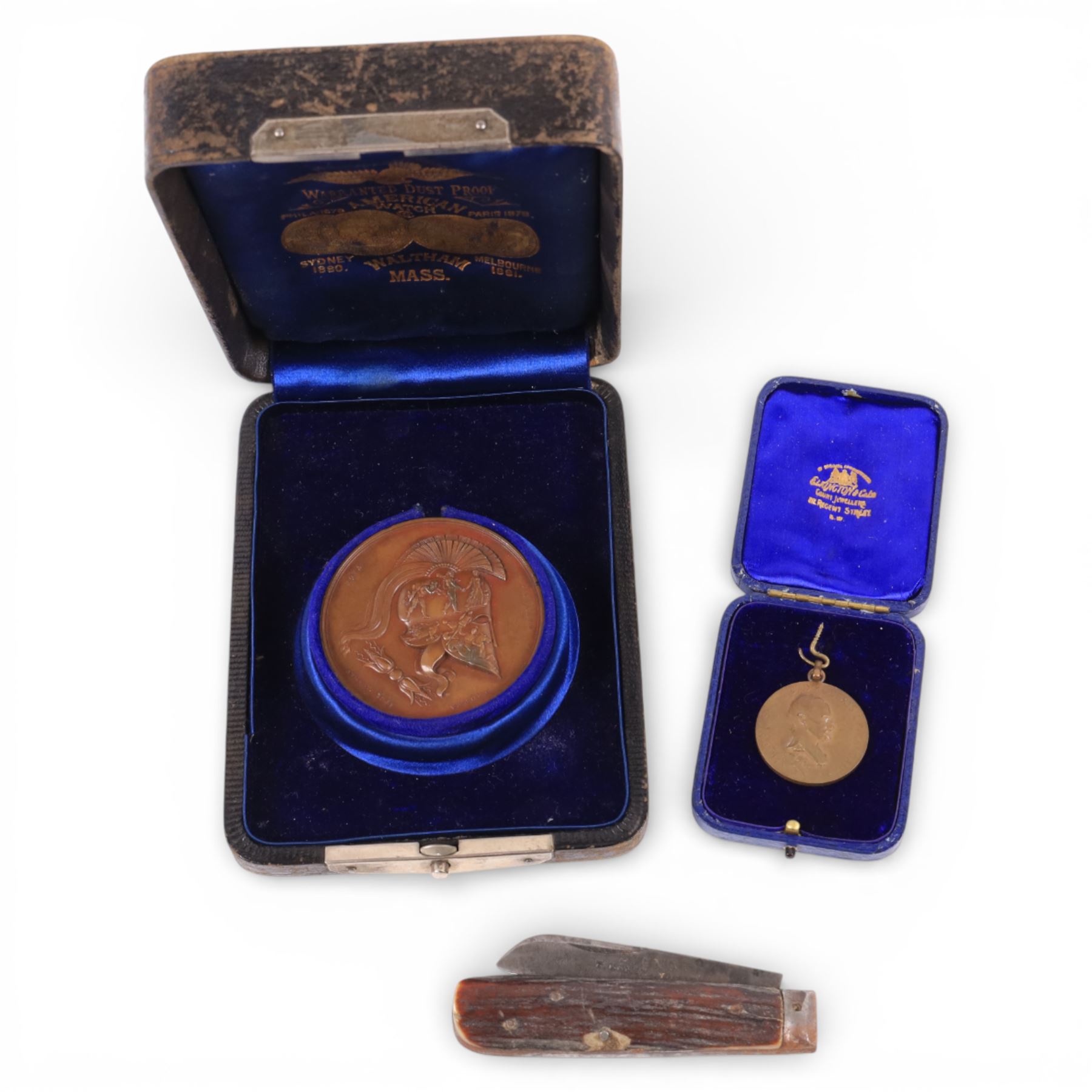 T. Renshaw antler handled 'Stand' penknife, Bronze Duke of Wellington commemorative medallion and a Society of Miniature Rifle Club medal