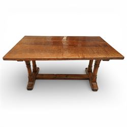 Mouseman - 1937 refectory table, Sir Herbert Baker commission for Westminster Church House, the rectangular adzed plank top above twin octagonal baluster supports united by a pegged stretcher, raised on shaped sled bases carved with a partridge and a loaf of bread, with carved mouse signature to inside leg, by Robert Thompson of Kilburn

The carved loaves reference the original patron, while the partridges are thought to represent Frank Partridge, Bishop of Portsmouth from 1877 to 1941, who played a key role in the founding of Church House and served as its Secretary from 1936 until 1941

Reference
Christie’s ROBERT “MOUSEMAN” THOMPSON; Refectory Table, Lot 188, sold at Christie’s London, commissioned by Sir Herbert Baker KCIE, RA, architect of Church House (opened 1937). Provenance and description available on the Christie’s website
https://www.christies.com/en/lot/lot-4618786